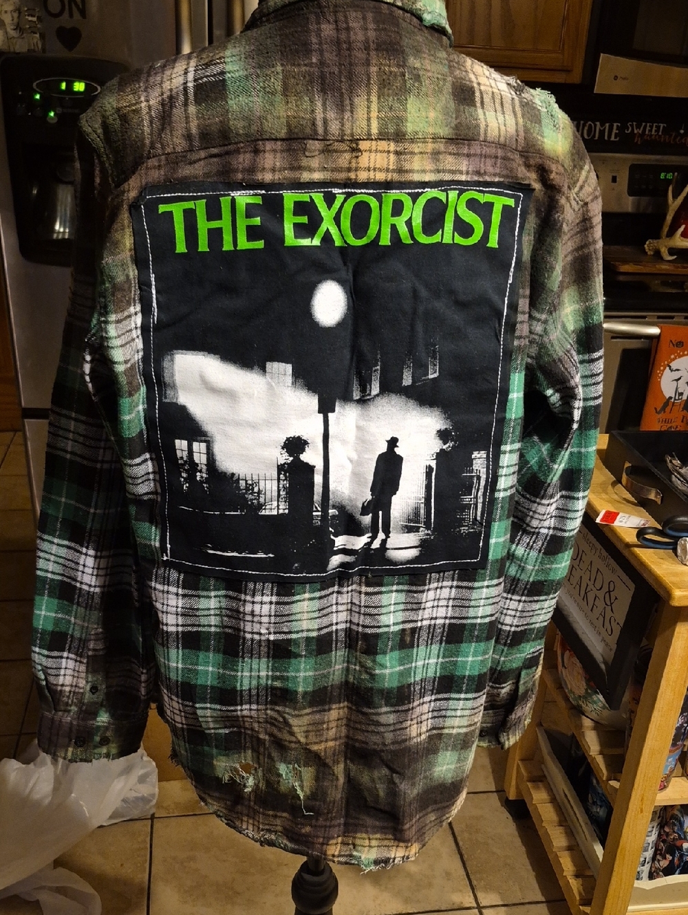 The Exorcist Distressed Graphic Plaid Button-Down Shirt - Green/Black